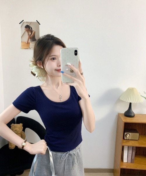 GEMEDA(ジェメダ)の「バックレースアップ シアーレース切替 半袖トップス(Tシャツ/カットソー・レディース・ネイビー/ホワイト/ブラック・M)」の14枚目の写真