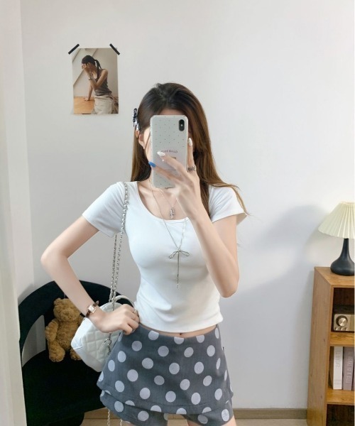GEMEDA(ジェメダ)の「バックレースアップ シアーレース切替 半袖トップス(Tシャツ/カットソー・レディース・ネイビー/ホワイト/ブラック・M)」の15枚目の写真