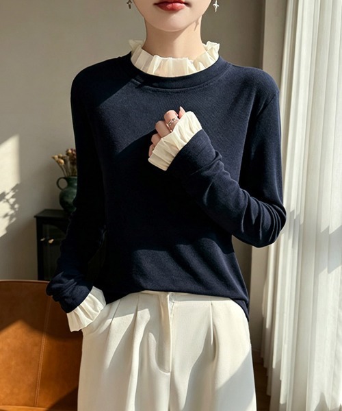 ONEP STAR(ワンピスター)の「フリルネック×レイヤード風長袖カットソー(Tシャツ/カットソー・レディース・プラム/ホワイト/ブラック/グレー/ネイビー・MEDIUM/X-LARGE/LARGE)」の5枚目の写真