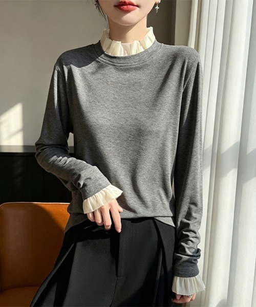 ONEP STAR(ワンピスター)の「フリルネック×レイヤード風長袖カットソー(Tシャツ/カットソー・レディース・プラム/ホワイト/ブラック/グレー/ネイビー・MEDIUM/X-LARGE/LARGE)」の4枚目の写真