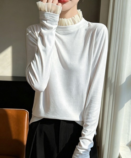 ONEP STAR(ワンピスター)の「フリルネック×レイヤード風長袖カットソー(Tシャツ/カットソー・レディース・プラム/ホワイト/ブラック/グレー/ネイビー・MEDIUM/X-LARGE/LARGE)」の2枚目の写真