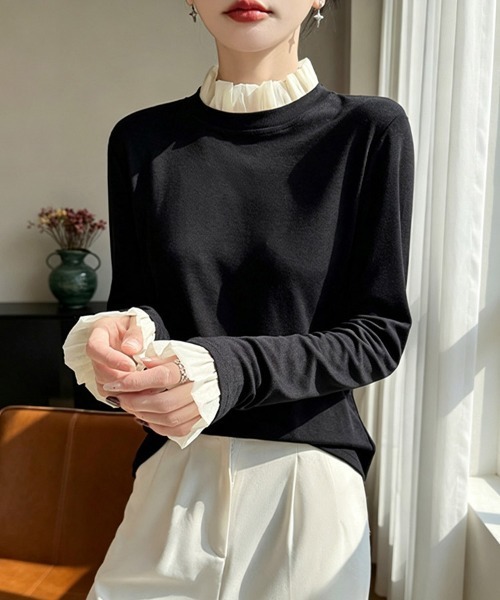 ONEP STAR(ワンピスター)の「フリルネック×レイヤード風長袖カットソー(Tシャツ/カットソー・レディース・プラム/ホワイト/ブラック/グレー/ネイビー・MEDIUM/X-LARGE/LARGE)」の3枚目の写真