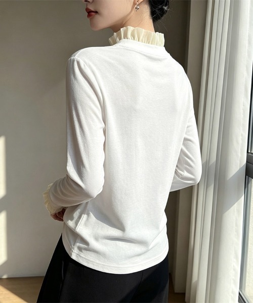 ONEP STAR(ワンピスター)の「フリルネック×レイヤード風長袖カットソー(Tシャツ/カットソー・レディース・プラム/ホワイト/ブラック/グレー/ネイビー・MEDIUM/X-LARGE/LARGE)」の15枚目の写真