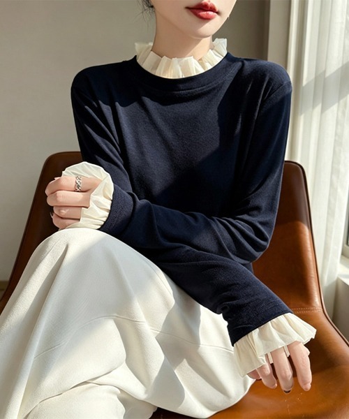 ONEP STAR(ワンピスター)の「フリルネック×レイヤード風長袖カットソー(Tシャツ/カットソー・レディース・プラム/ホワイト/ブラック/グレー/ネイビー・MEDIUM/X-LARGE/LARGE)」の10枚目の写真