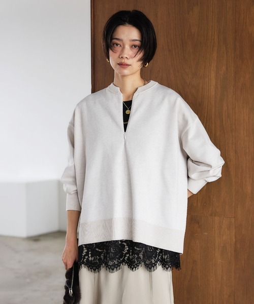 CROSS FUNCTION(クロスファンクション)の「《洗える》スウェットライクキーネックニット【CROSS FUNCTION/クロスファンクション】(ニット/セーター・レディース・ベージュ/イエロー/ブラック・M/LL/L)」の2枚目の写真