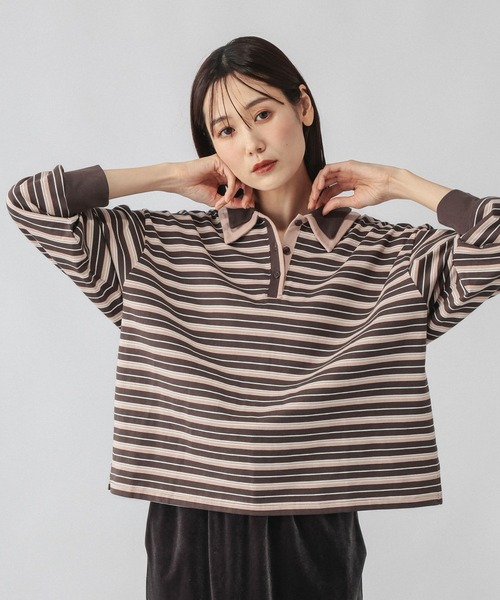 GLOBAL WORK（グローバルワーク）の「ダブル襟マルチボーダーポロ/1042903（Tシャツ/カットソー・レディース・レッド系3/グレー系9/グレー系5・MEDIUM/LARGE）」の2枚目の写真