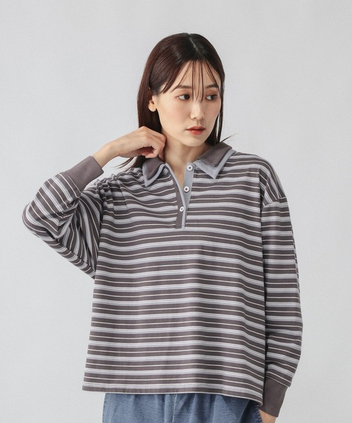 GLOBAL WORK（グローバルワーク）の「ダブル襟マルチボーダーポロ/1042903（Tシャツ/カットソー・レディース・レッド系3/グレー系9/グレー系5・MEDIUM/LARGE）」の3枚目の写真