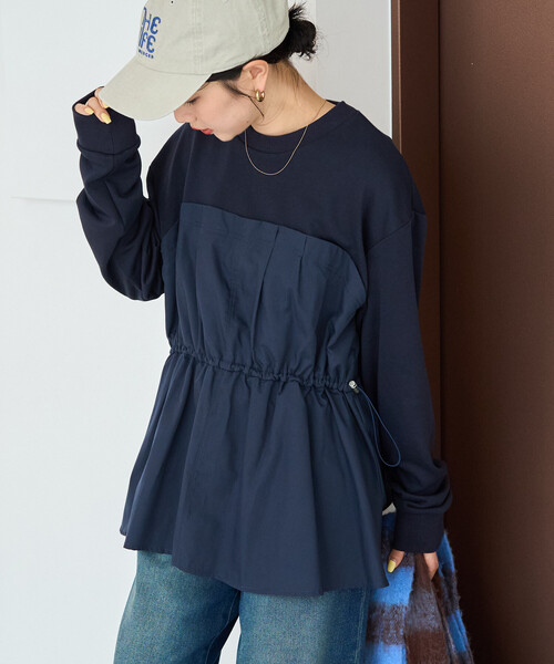 FREAK'S STORE(フリークスストア)の「限定展開 布帛 ドッキング ドローコード 裏毛 プルオーバー(スウェット・レディース・ナチュラル/グレー/ネイビー/ブラック・フリ-)」の4枚目の写真