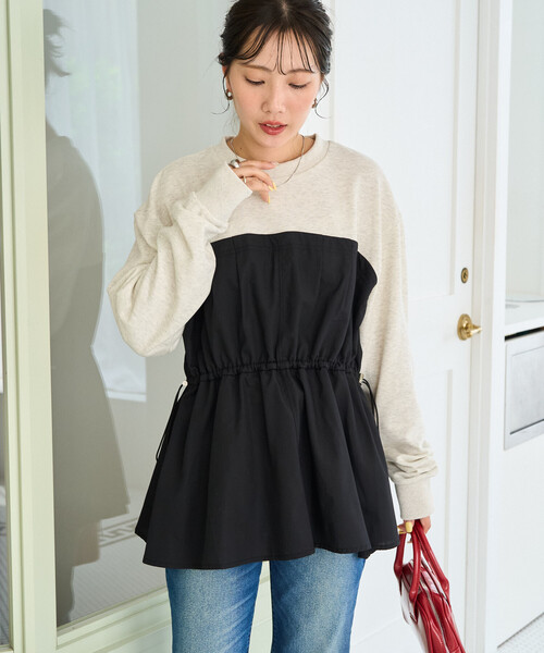 FREAK'S STORE(フリークスストア)の「限定展開 布帛 ドッキング ドローコード 裏毛 プルオーバー(スウェット・レディース・ナチュラル/グレー/ネイビー/ブラック・フリ-)」の1枚目の写真