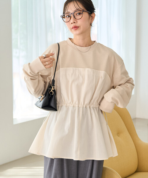 FREAK'S STORE(フリークスストア)の「限定展開 布帛 ドッキング ドローコード 裏毛 プルオーバー(スウェット・レディース・ナチュラル/グレー/ネイビー/ブラック・フリ-)」の8枚目の写真