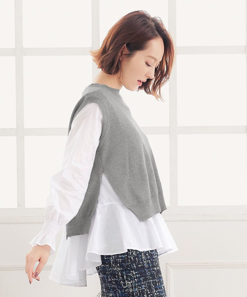 KOBE LETTUCE(コウベレタス)の「サイドスリット入りニットベスト&キャンディスリーブフレアシャツ(シャツ/ブラウス・レディース・ブラック/ネイビー/グレー・FREE)」の3枚目の写真