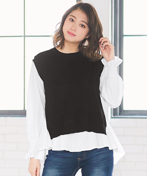 KOBE LETTUCE(コウベレタス)の「サイドスリット入りニットベスト&キャンディスリーブフレアシャツ(シャツ/ブラウス・レディース・ブラック/ネイビー/グレー・FREE)」の2枚目の写真