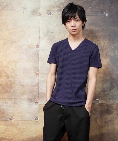 おしゃれスタ(オシャレスタ)の「テレコストライプVネック半袖カットソー(SS)(Tシャツ/カットソー・メンズ・ホワイト/ネイビー/ブラック・M/L)」の3枚目の写真