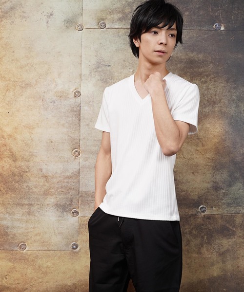 おしゃれスタ(オシャレスタ)の「テレコストライプVネック半袖カットソー(SS)(Tシャツ/カットソー・メンズ・ホワイト/ネイビー/ブラック・M/L)」の1枚目の写真