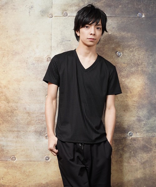 おしゃれスタ(オシャレスタ)の「テレコストライプVネック半袖カットソー(SS)(Tシャツ/カットソー・メンズ・ホワイト/ネイビー/ブラック・M/L)」の2枚目の写真