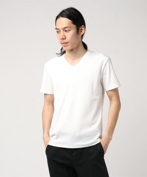 おしゃれスタ(オシャレスタ)の「テレコストライプVネック半袖カットソー(SS)(Tシャツ/カットソー・メンズ・ホワイト/ネイビー/ブラック・M/L)」の6枚目の写真