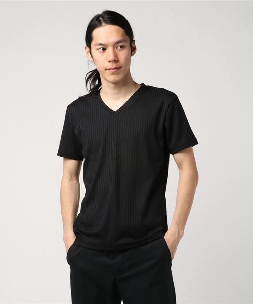 おしゃれスタ(オシャレスタ)の「テレコストライプVネック半袖カットソー(SS)(Tシャツ/カットソー・メンズ・ホワイト/ネイビー/ブラック・M/L)」の7枚目の写真
