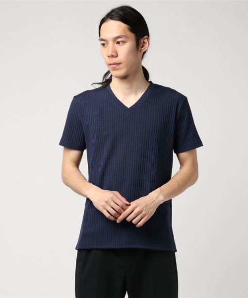 おしゃれスタ(オシャレスタ)の「テレコストライプVネック半袖カットソー(SS)(Tシャツ/カットソー・メンズ・ホワイト/ネイビー/ブラック・M/L)」の8枚目の写真