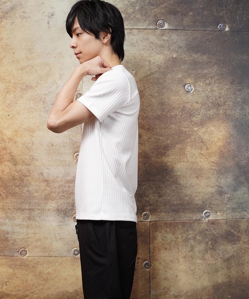 おしゃれスタ(オシャレスタ)の「テレコストライプVネック半袖カットソー(SS)(Tシャツ/カットソー・メンズ・ホワイト/ネイビー/ブラック・M/L)」の9枚目の写真