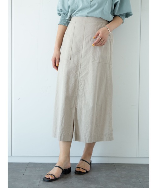 Green　Parks（グリーンパークス）の「ベルギーリネンブレンド　セミタイトスカート＊（スカート・レディース・チャコールグレー/ベージュ/グリーン・FREE）」の2枚目の写真