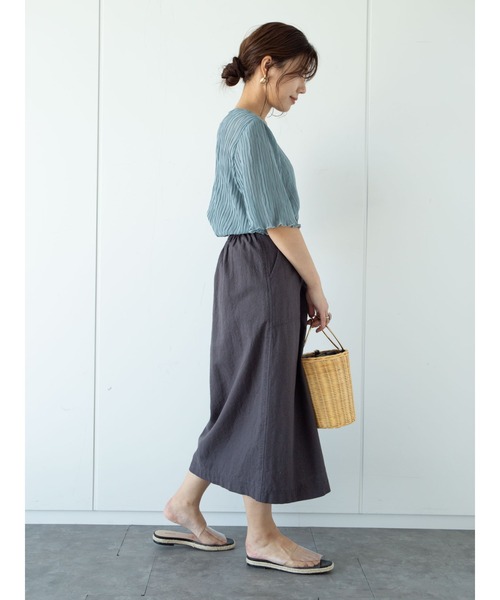 Green　Parks（グリーンパークス）の「ベルギーリネンブレンド　セミタイトスカート＊（スカート・レディース・チャコールグレー/ベージュ/グリーン・FREE）」の5枚目の写真