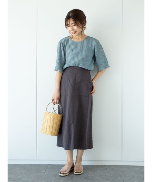 Green　Parks（グリーンパークス）の「ベルギーリネンブレンド　セミタイトスカート＊（スカート・レディース・チャコールグレー/ベージュ/グリーン・FREE）」の6枚目の写真
