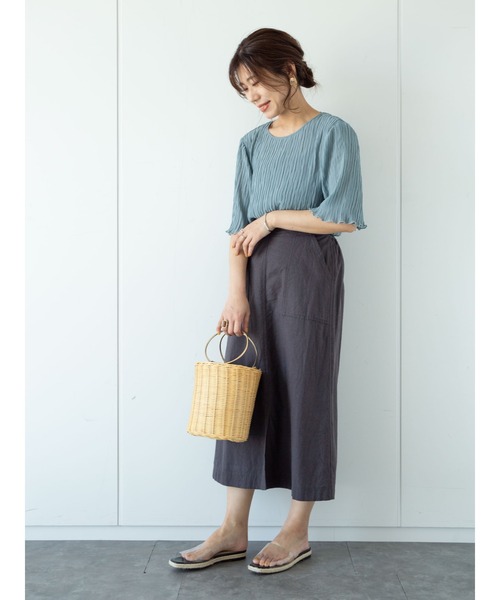 Green　Parks（グリーンパークス）の「ベルギーリネンブレンド　セミタイトスカート＊（スカート・レディース・チャコールグレー/ベージュ/グリーン・FREE）」の7枚目の写真