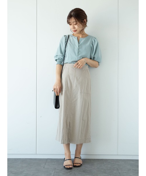 Green　Parks（グリーンパークス）の「ベルギーリネンブレンド　セミタイトスカート＊（スカート・レディース・チャコールグレー/ベージュ/グリーン・FREE）」の11枚目の写真