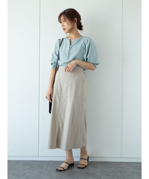 Green　Parks（グリーンパークス）の「ベルギーリネンブレンド　セミタイトスカート＊（スカート・レディース・チャコールグレー/ベージュ/グリーン・FREE）」の12枚目の写真