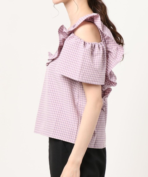 WEGO（ウィゴー）の「WEGO/ギンガムオープンショルダーバックリボンブラウス（シャツ/ブラウス・レディース・グリーン系その他2/パープル系その他2・FREE）」の3枚目の写真