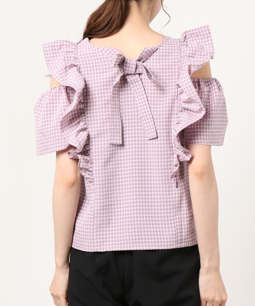 WEGO（ウィゴー）の「WEGO/ギンガムオープンショルダーバックリボンブラウス（シャツ/ブラウス・レディース・グリーン系その他2/パープル系その他2・FREE）」の4枚目の写真