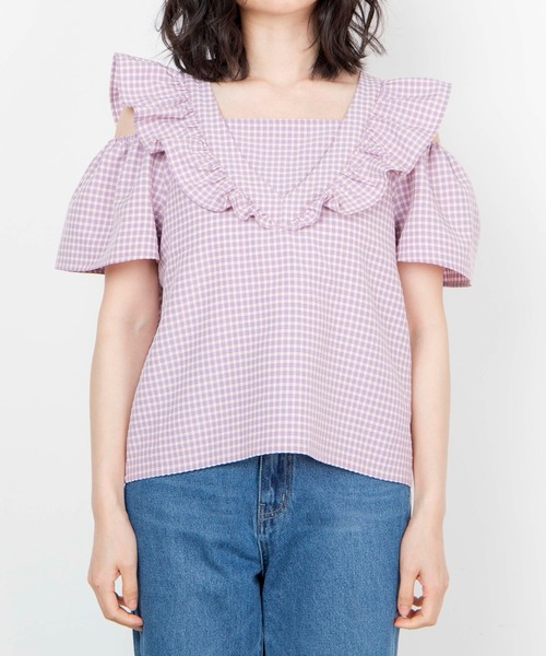 WEGO（ウィゴー）の「WEGO/ギンガムオープンショルダーバックリボンブラウス（シャツ/ブラウス・レディース・グリーン系その他2/パープル系その他2・FREE）」の12枚目の写真