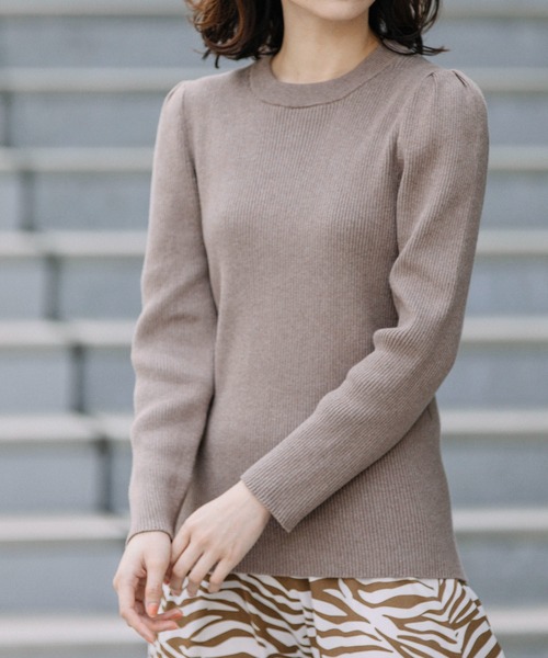 Munich（ミューニック）の「カシミアコットンリブ　パフスリーブニットプルオーバー（ニット/セーター・レディース・ブラック/レッド/カーキ/モカ・FREE）」の5枚目の写真