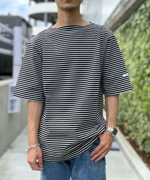 GLOSTER（グロスター）の「【新色追加】バスクシャツ ショートスリーブ（Tシャツ/カットソー・メンズ・ネイビー/オフホワイト/ホワイト×ブルー/ホワイト×ネイビー/ホワイト×イエロー/グリーン系その他3/ホワイト系その他6/ブラック系その他3・M/L/MEDIUM/LARGE）」の6枚目の写真