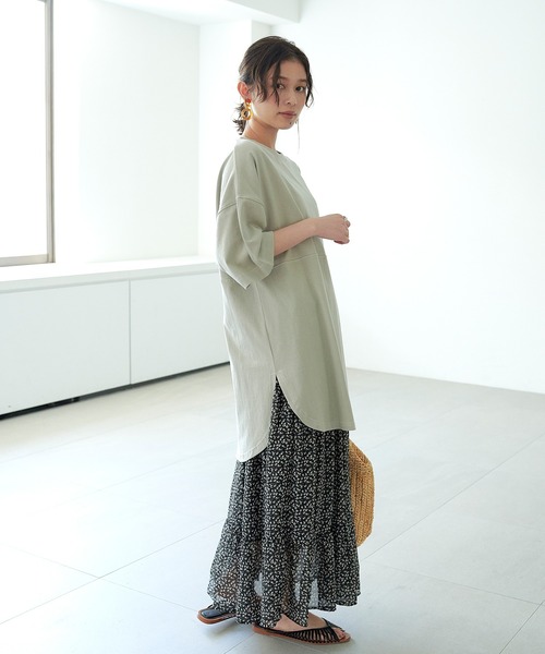 KANGOL EXTRA COMFORT（カンゴールエクストラコンフォート）の「ステッチ刺繍　ラウンドヘム切替チュニック（チュニック・レディース・チャコールグレー/ライトグリーン/ライトベージュ・LL/M/L）」の5枚目の写真