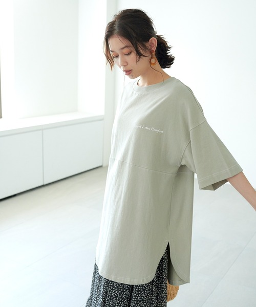 KANGOL EXTRA COMFORT（カンゴールエクストラコンフォート）の「ステッチ刺繍　ラウンドヘム切替チュニック（チュニック・レディース・チャコールグレー/ライトグリーン/ライトベージュ・LL/M/L）」の6枚目の写真