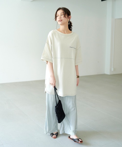 KANGOL EXTRA COMFORT（カンゴールエクストラコンフォート）の「ステッチ刺繍　ラウンドヘム切替チュニック（チュニック・レディース・チャコールグレー/ライトグリーン/ライトベージュ・LL/M/L）」の10枚目の写真