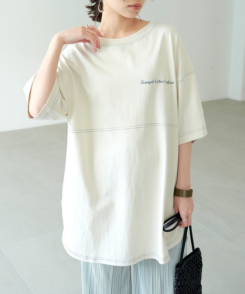 KANGOL EXTRA COMFORT（カンゴールエクストラコンフォート）の「ステッチ刺繍　ラウンドヘム切替チュニック（チュニック・レディース・チャコールグレー/ライトグリーン/ライトベージュ・LL/M/L）」の12枚目の写真