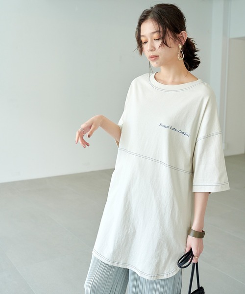 KANGOL EXTRA COMFORT（カンゴールエクストラコンフォート）の「ステッチ刺繍　ラウンドヘム切替チュニック（チュニック・レディース・チャコールグレー/ライトグリーン/ライトベージュ・LL/M/L）」の13枚目の写真