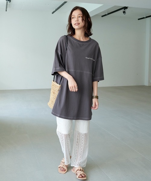 KANGOL EXTRA COMFORT（カンゴールエクストラコンフォート）の「ステッチ刺繍　ラウンドヘム切替チュニック（チュニック・レディース・チャコールグレー/ライトグリーン/ライトベージュ・LL/M/L）」の16枚目の写真