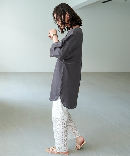 KANGOL EXTRA COMFORT（カンゴールエクストラコンフォート）の「ステッチ刺繍　ラウンドヘム切替チュニック（チュニック・レディース・チャコールグレー/ライトグリーン/ライトベージュ・LL/M/L）」の17枚目の写真