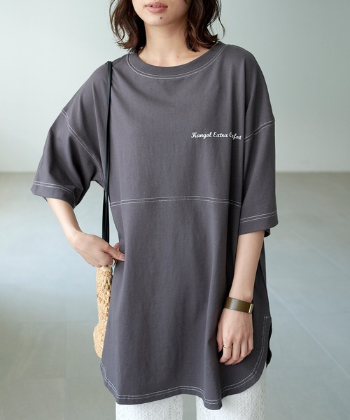 KANGOL EXTRA COMFORT（カンゴールエクストラコンフォート）の「ステッチ刺繍　ラウンドヘム切替チュニック（チュニック・レディース・チャコールグレー/ライトグリーン/ライトベージュ・LL/M/L）」の18枚目の写真