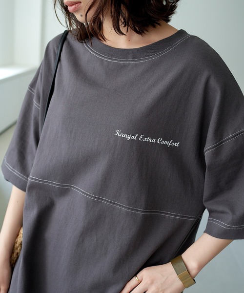 KANGOL EXTRA COMFORT（カンゴールエクストラコンフォート）の「ステッチ刺繍　ラウンドヘム切替チュニック（チュニック・レディース・チャコールグレー/ライトグリーン/ライトベージュ・LL/M/L）」の19枚目の写真