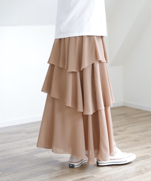 UNFIELD(アンフィールド)の「【UNFIELD シフォンティアードフリルスカート】(スカート・レディース・ブラック/アイボリー/モカ・FREE)」の1枚目の写真