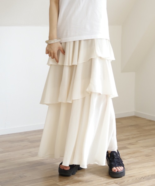 UNFIELD(アンフィールド)の「【UNFIELD シフォンティアードフリルスカート】(スカート・レディース・ブラック/アイボリー/モカ・FREE)」の11枚目の写真