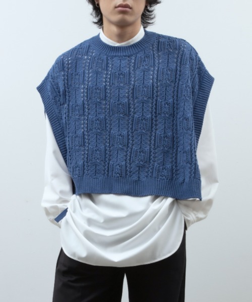 unlow（アンロー）の「透かし編みショートニットベスト（ニット/セーター・メンズ・ブラック/ブルー・FREE）」の4枚目の写真