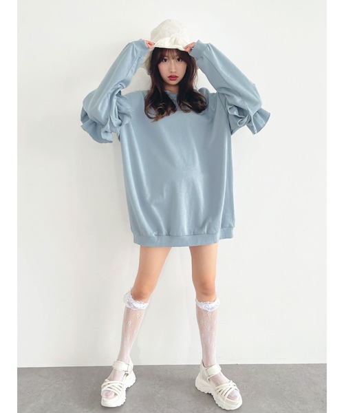 Honey Salon(ハニーサロン)の「fallin刺繍フリルミニ裏毛プルオーバー(ワンピース・レディース・ホワイト/ブラック/ブルー・FREE)」の8枚目の写真