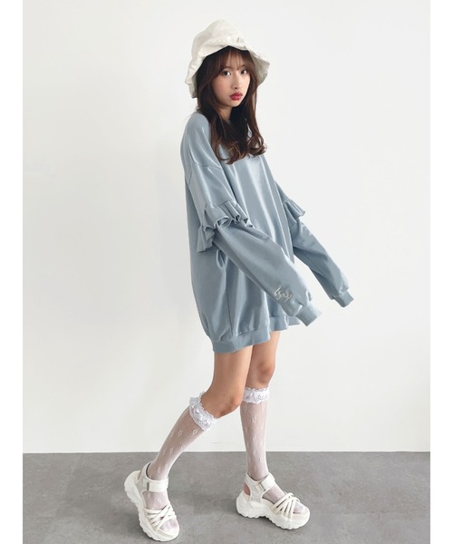 Honey Salon(ハニーサロン)の「fallin刺繍フリルミニ裏毛プルオーバー(ワンピース・レディース・ホワイト/ブラック/ブルー・FREE)」の10枚目の写真