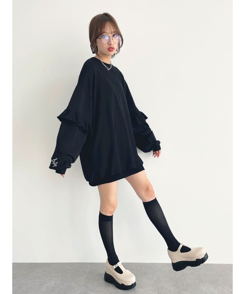 Honey Salon(ハニーサロン)の「fallin刺繍フリルミニ裏毛プルオーバー(ワンピース・レディース・ホワイト/ブラック/ブルー・FREE)」の14枚目の写真