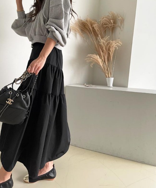 NANING9（ナンニング）の「NANING9 カンカンロングフレアスカート（スカート・レディース・ブラック/ライトベージュ・FREE）」の5枚目の写真